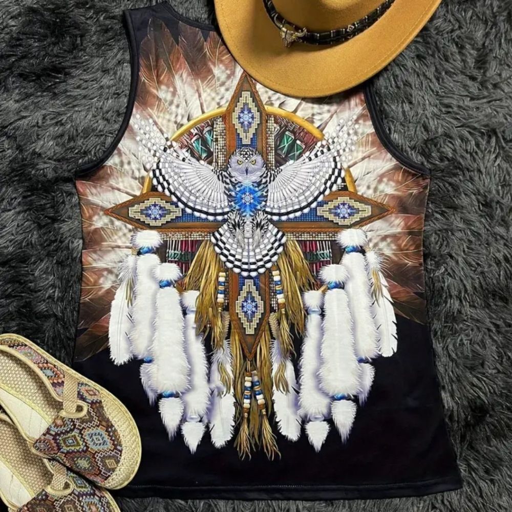 Women's Sleeveless Feather Dreamcatcher Tank Top - White & Brown - Picture 3 of 7